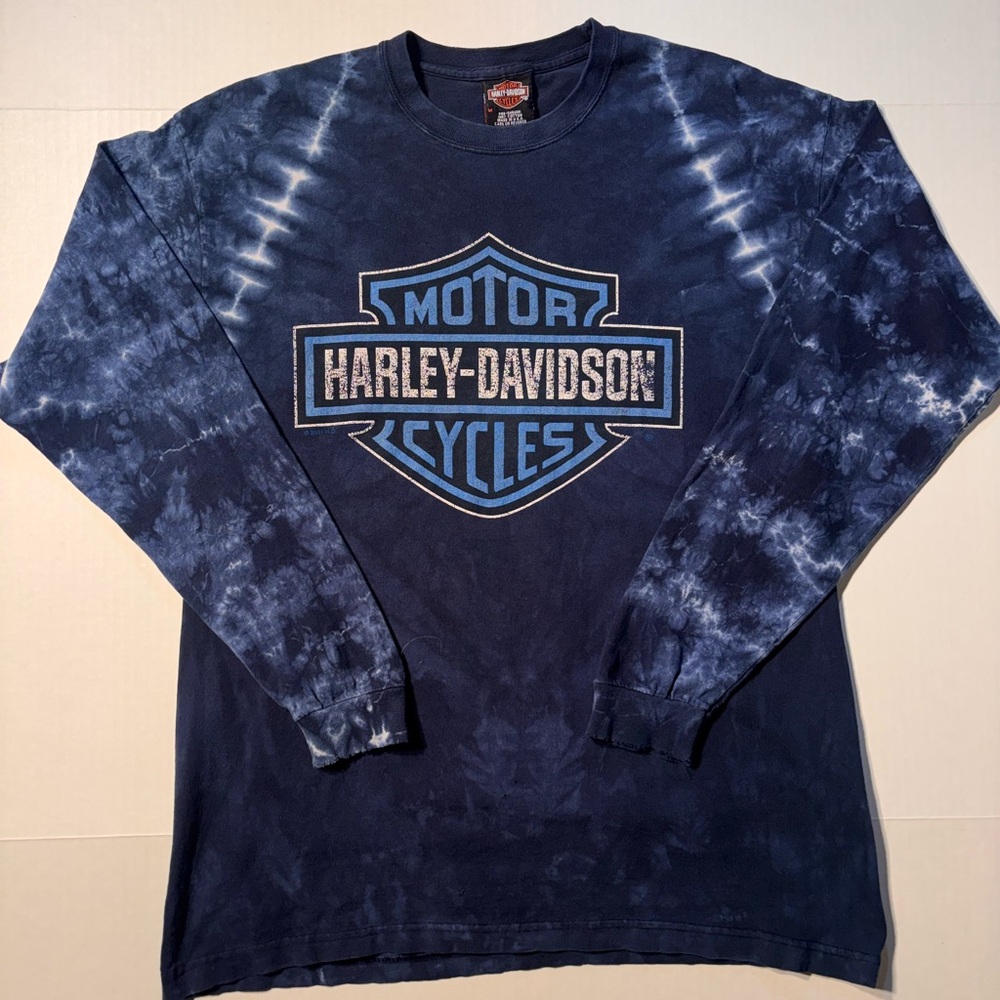 Vtg Harley Davidson Motorcycle Shield Illinois Blue Tie Dye Longsleeve USA Sz M